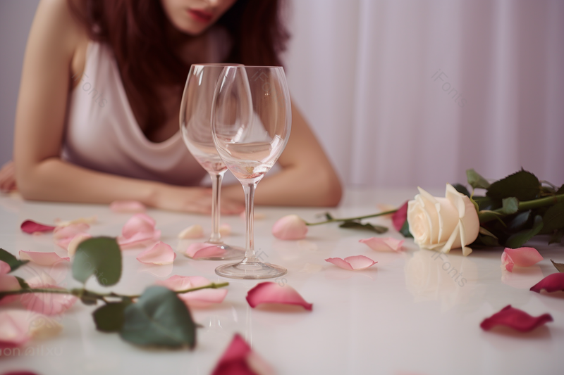 情人节214桌子上散落的玫瑰花和酒杯特写,高清,摄影图,摄影图片,图片大全,摄影图免费下载